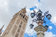 Close up of La Giralda, the bell tower of the Seville Cathedral in Spain.