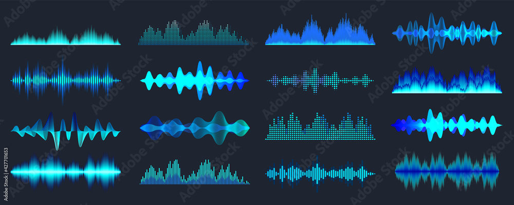 Blue colorful sound waves collection. Analog and digital audio signal. Music equalizer. Interference voice recording. High frequency radio wave. Vector illustration. - obrazy, fototapety, plakaty 