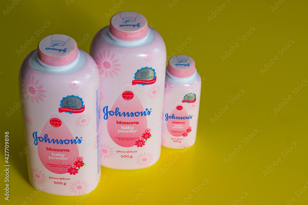 KUALA LUMPUR, MALAYSIA - Apr 14, 2021: Shot of Johnson's baby product isolated on yellow background.