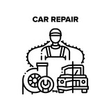 Fototapeta  - Car Repair Work Vector Icon Concept. Car Repair Service Worker Restoration Damaged Old Vehicle Or Fixing Broken Part Of Engine Turbine. Automobile Maintenance Occupation Black Illustration