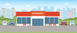 Fototapeta  - Supermarket building with parking lot. Urban landscape. Flat style, vector illustration.