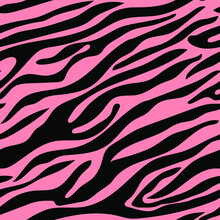 Abstract Pink Black Color Zebra Skin In Vector. Textured Seamless Background. Colorful Bright Animal Skin Striped Texture. Printing On Textiles, Wallpaper, Packaging 