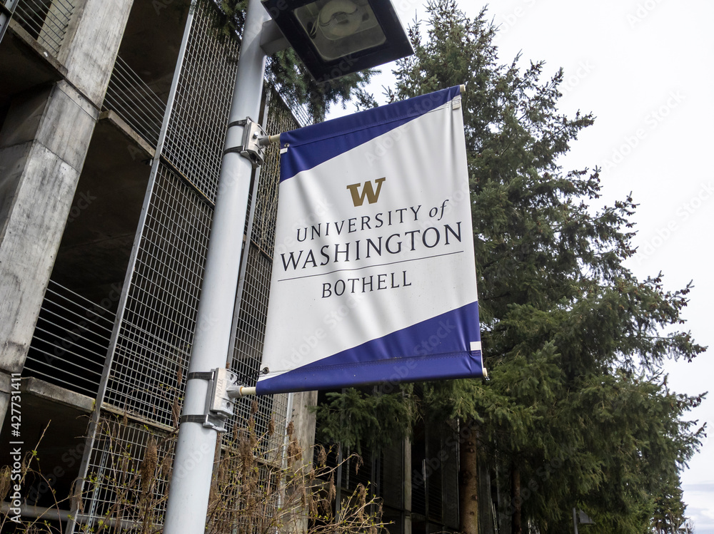 Bothell, WA USA - circa April 2021: Low angle view of a University of ...