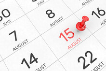 3d Rendering Of Important Days Concept. August 14th. Day 14 Of Month. Red Date Written And Pinned On A Calendar. Summer Month, Day Of The Year. Remind You An Important Event Or Possibility.