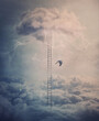 © psychoshadow - Silhouette of a fallen angel crashing down from heaven alongside a huge ladder above the clouds. Surreal scene with a winged creature falling from the sky or paradise. Mystery concept, fantastic view