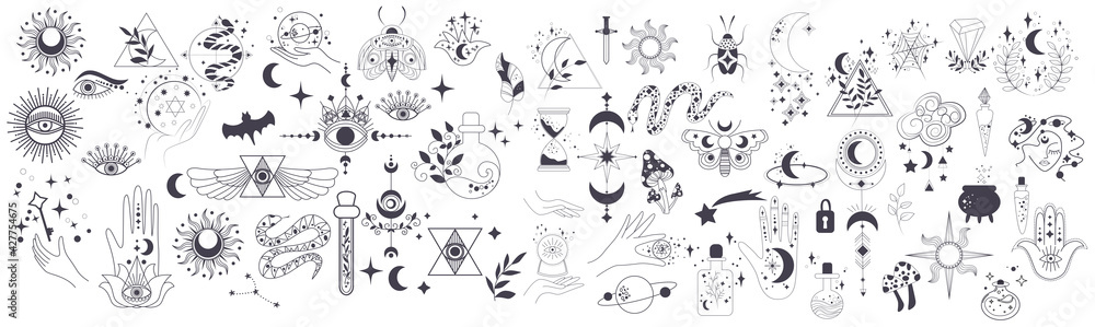 Mystic items, moon, hands, crystals, planets. Doodle astrology style. Doodle esoteric, boho mystical hand drawn elements. Magic and witchcraft. Vector illustration - obrazy, fototapety, plakaty 