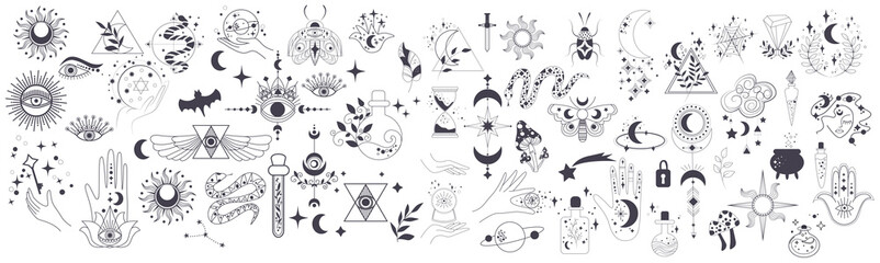 Wall Mural - mystic items, moon, hands, crystals, planets. doodle astrology style. doodle esoteric, boho mystical