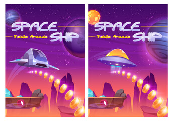 Wall Mural - Mobile arcade with space ship, interstellar shuttle collect golden coins on alien planet with flying rocks and assets, fantasy game ui design, extraterrestrial landscape, Cartoon vector illustration