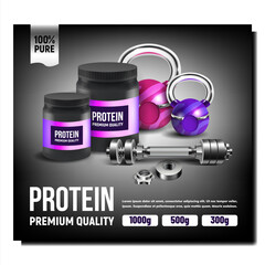 Canvas Print - Protein Product Creative Promotion Poster Vector. Protein Blank Bottles, Barbell And Weight Sport Tool On Advertise Banner. Sportsman Nutrition For Training In Gym Style Concept Template Illustration