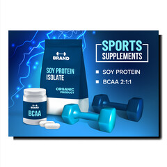 Sticker - Sports Supplements Nutrient Promo Banner Vector. Soy Protein And Bcaa Sports Supplements Blank Packages, Dumbbell Sportive Tool On Advertise Poster. Organic Product Style Concept Layout Illustration