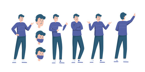 Flat illustration set of man do various pose and face expression in flat style vector easy to use