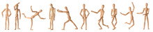 Collage Of Wooden Mannequins In Different Positions On White Background