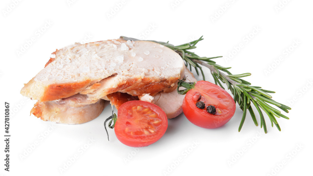 Roasted chicken fillet with tomato and rosemary on white background