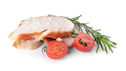 Roasted chicken fillet with tomato and rosemary on white background