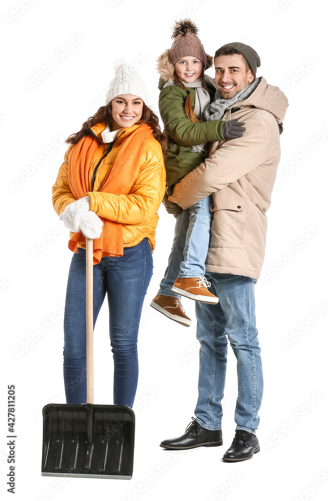 Family with shovel for removing snow on white background