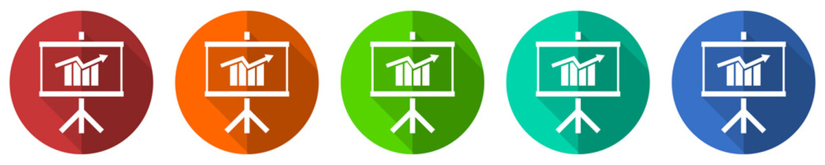 Poster - Presentation and training icon set, flat design vector illustration in 5 colors options for webdesign and mobile applications