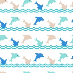  Colorful Jumping Dolphins Family Cute Vector Cartoon Seamless Pattern