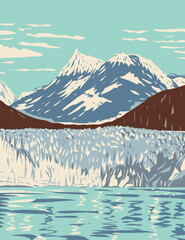 Sticker - WPA Poster Art of Glacier Bay National Park and Preserve with tidewater glaciers mountains fjords located west of Juneau Alaska done in works project administration style or federal art project style.