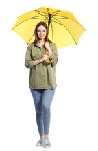 Stylish Young Woman With Umbrella On White Background