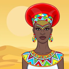 Animation portrait of the beautiful African woman in ancient clothes and jewelry. Princess, pagan goddess, priestess. Color drawing. Background - a landscape the desert, sandy dun.Vector illustration.