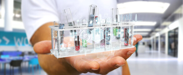 Leinwandbilder - Man holding and touching medical analysis in tubes samples 3D rendering