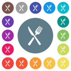 Sticker - Fork and knife flat white icons on round color backgrounds