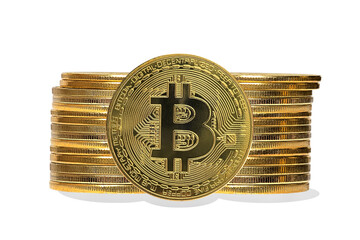 Group of Gold Bitcoin symbol a modern digital crypto currency on cyber world, to use online business and exchange for cash, isolated on white background 