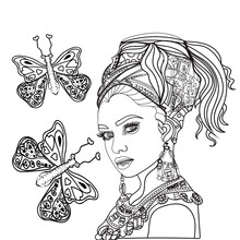 African Fashion Magic Girl For Adult Anti Stress Coloring Page With High Details Isolated On White Background Line Style. Vector Monochrome Sketch.