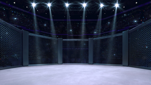 Wall Mural -  - In the fighting cage. Interior view of sport arena with fans and shining spotlights. Digital sport 3D illustration.