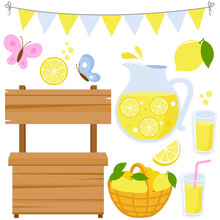 Lemonade Stand And Fresh Lemon Juice In Pitcher And Glasses. Vector Illustration Collection