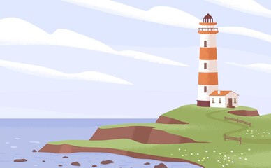 Scenic landscape with lighthouse tower on sea or ocean coast. Peaceful seascape with light house on seashore, green grass and sky. Coastline nautical building. Colored flat vector illustration