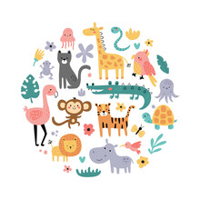 Vector Illustration Of Jungle Animals In Circle