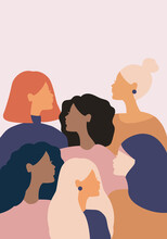 Woman Social Network Community. Group Of Multi Ethnic Racial Women Who Talk And Share Ideas, Information. Communication And Friendship Between Women Of Diverse Cultures. Vector Female Silhouette