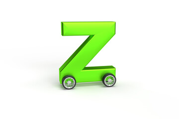 Alphabet Z as car with wheels isolated in green on an isolated white background.