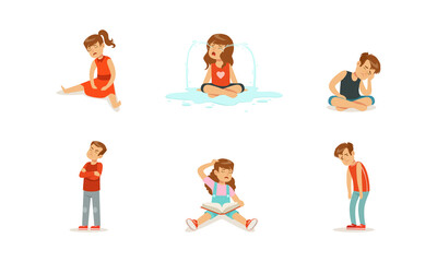 Poster - Sad Depressed Children Set, Unhappy Stressed Lonely Kids Cartoon Vector Illustration