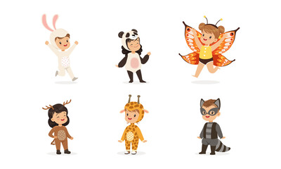 Wall Mural - Cute Adorable Kids Wearing Animal Costumes Set, Rabbit, Panda, Butterfly, Deer, Giraffe, Raccoon Cartoon Vector Illustration