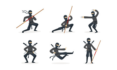 Sticker - Ninja Warriors Set, Japanese Fighter Character Wearing Black Clothes and Mask in Different Poses Cartoon Vector Illustration