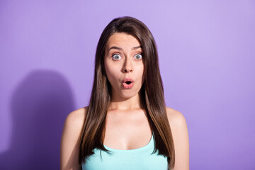 Sticker - Photo portrait of amazed girl staring with opened mouth wearing teal singlet isolated on pastel violet color background