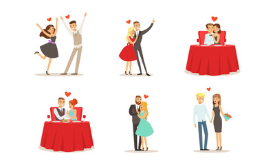 Poster - Happy Romantic Couples on Date Set, Young Men and Women Celebrating Holidays, Embracing, Having Fun Together Cartoon Vector Illustration