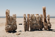Wooden Stakes Covered In Salt On A Beach Near Bombay City And Salton Sea, California