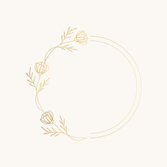  Circle borders with hand drawn flowers. Golden vector illustration.