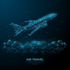 Leinwandbilder - 3d airplane flying over clouds. Digital vector airliner in the sky. Air travel, airline transportation concept. Low poly dark blue wireframe with dots, lines and flying particles look like debris 
