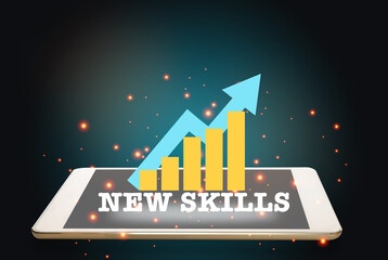 New skills is changing business concept and learning technology idea. New skills and growth graph on computer tablet on revolution abstract background. 3d illustration and 3 rendering