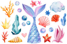 Mermaid Tail, Seashells, Crown, Bubbles, Coral And Pearl On An Isolated White Background. Watercolor Drawing