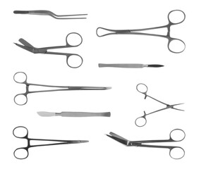 Wall Mural - Set with different surgical instruments on white background