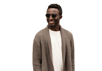 Wall Mural - Fashion portrait of stylish smiling young african man model wearing a knitted cardigan isolated on a white background