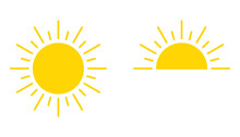 Yellow Sun Icon, Sunshine Full And Sunrise Or Sunset. Decorative Circle Sun And Sunlight. Hot Solar Energy For Tan. Vector Sign