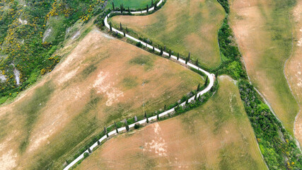 Poster - Aerial view of Banfi Castle from drone in Tuscany, spring season