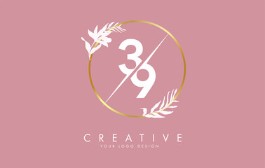 Numbers 39 3 9 logo design with golden circle and white leaves on branches around. Vector Illustration with numbers 3 and 9.