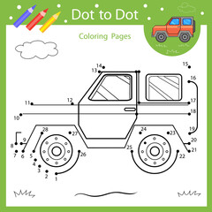 Wall Mural - Dot to dots drawing worksheet. Drawing tutorial with car SUV. Coloring page for kids. Children funny picture riddle. Activity art game for book. Vector illustration.